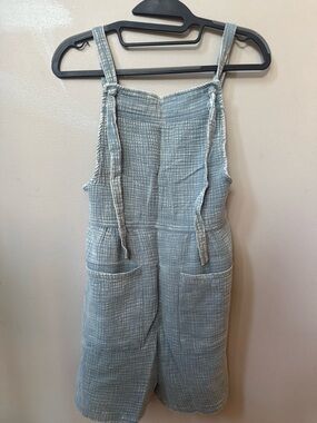 Zenana Light Blue Gauze Linen-Style Overall/Romper with Front Pockets